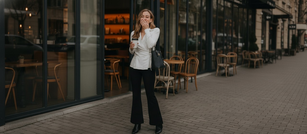 white top, black trousers, flared leggings, office wear