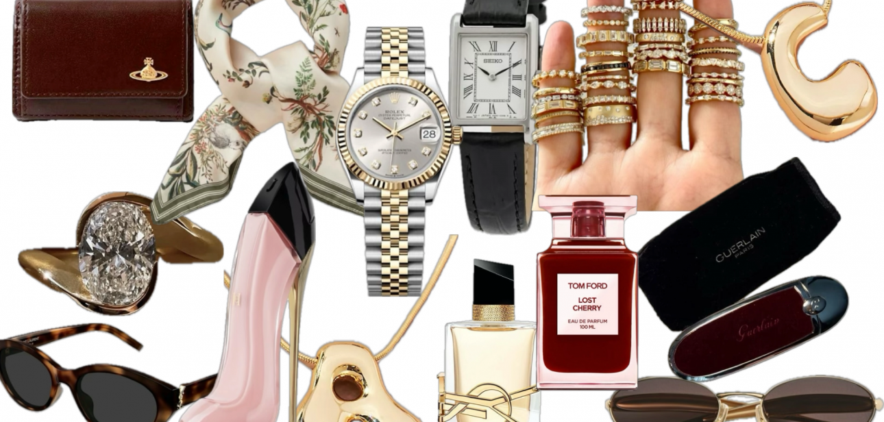 must have accessories for women, clean girl accessories, 8 things women must own, perfum, diamond ring, jewlelry wallet, luxury bag, belt, neckscarf