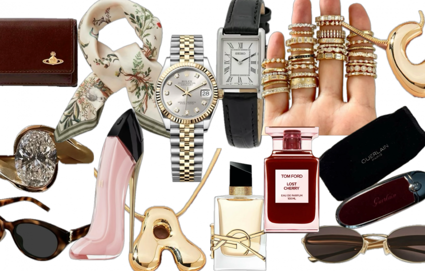 must have accessories for women, clean girl accessories, 8 things women must own, perfum, diamond ring, jewlelry wallet, luxury bag, belt, neckscarf