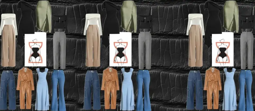 Hourglass figure woman in fitted wrap dress, Best jeans for hourglass body shape styling, Hourglass figure outfit with defined waist belt, Bodycon dress styling for hourglass curves, High-waisted pants hourglass fashion guide