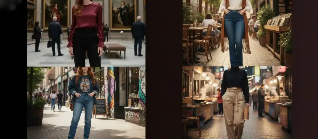 Hourglass figure woman in fitted wrap dress, Best jeans for hourglass body shape styling, Hourglass figure outfit with defined waist belt, Bodycon dress styling for hourglass curves, High-waisted pants hourglass fashion guide