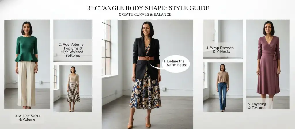 rectangle body shape styling tips, how to dress rectangle body, rectangle figure outfit ideas, best clothes for rectangle shape, rectangle body type fashion, styling rectangle body, rectangle shape wardrobe, dresses for rectangle body, rectangle body outfits, create curves rectangle shape