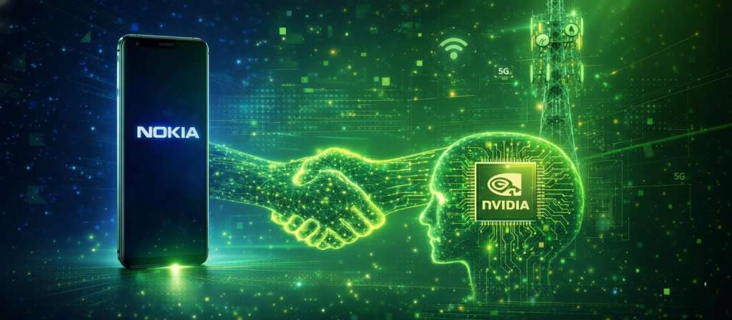 Nokia telecommunications infrastructure and network technology equipment, Nokia 5G network tower and modern telecommunications technology, Nokia and NVIDIA partnership for AI-RAN technology development