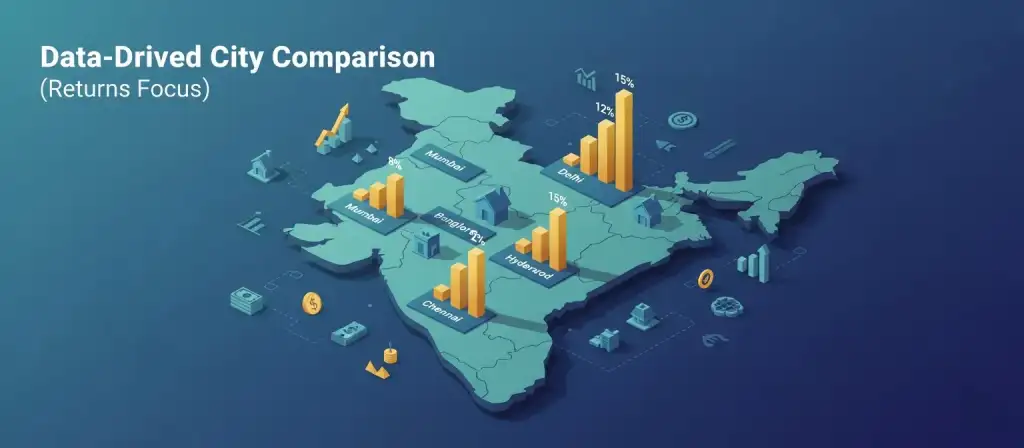 ndian cities real estate investment comparison showing growth, infrastructure, rental yield, and ROI opportunities in 2025