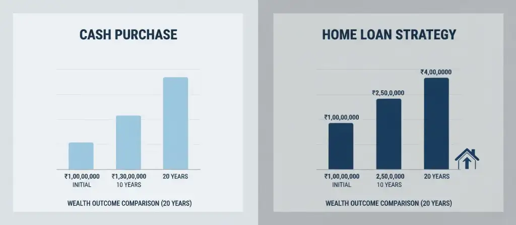 Home loan vs cash payment financial comparison for property investment in India with 2026 interest rates and ROI analysis