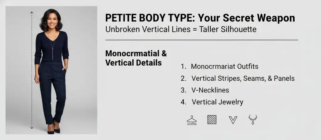 petite body type styling tips, how to dress petite body, petite figure outfit ideas, best clothes for petite women, petite fashion tips, styling petite body type, petite wardrobe essentials, dresses for petite women, petite body outfits, look taller petite styling